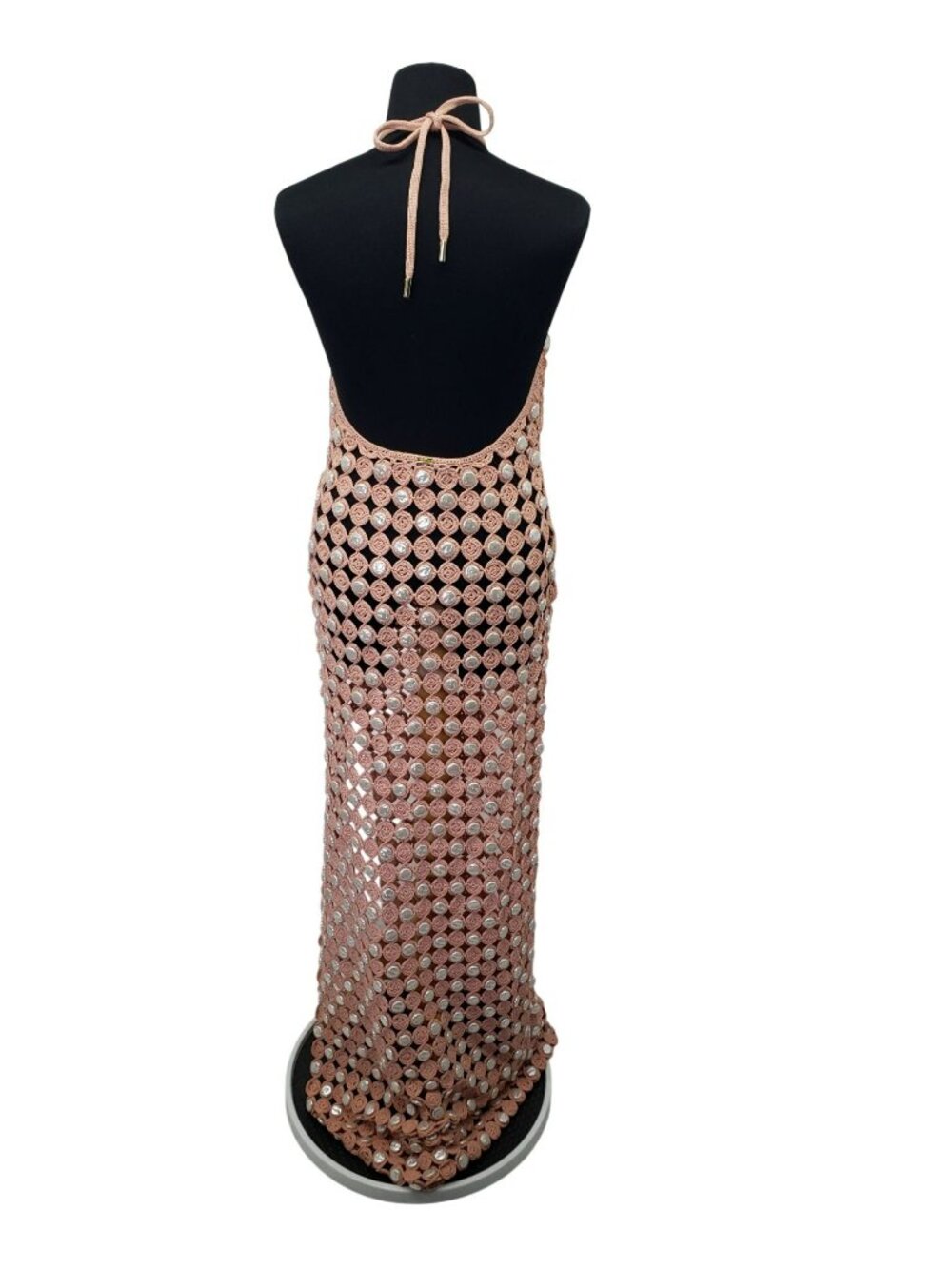 Toccin Pink Crochet Faux Mother of Pearl Button Rosette Halter Maxi Dress - Picture 5 of 15